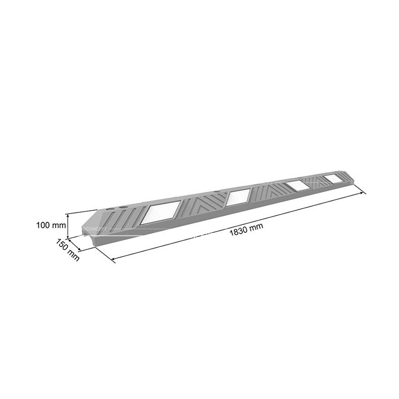 Drawing of a 1830mm wheel stop with white reflective films showing dimensions including the length, width and height.