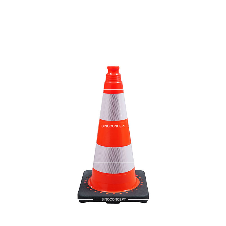 A 500mm weighted traffic cone made of PVC material with black rubber base, also pasted with glass bead reflective tapes for traffic management.