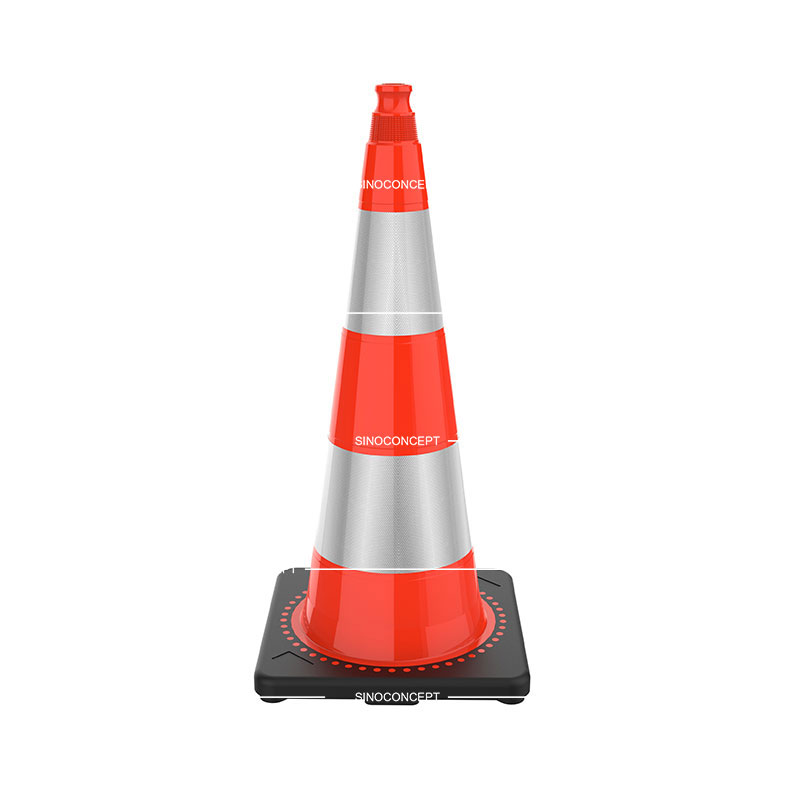 A 750mm weighted traffic cone made of PVC material with black rubber base, also pasted with glass bead reflective tapes for traffic management.