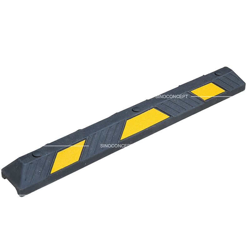 A 1220mm long parking block made of plastic-rubber composite with yellow reflective films.