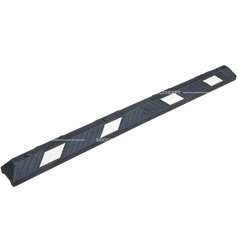 A 1830mm long parking curb made of plastic-rubber composite with white reflective films.