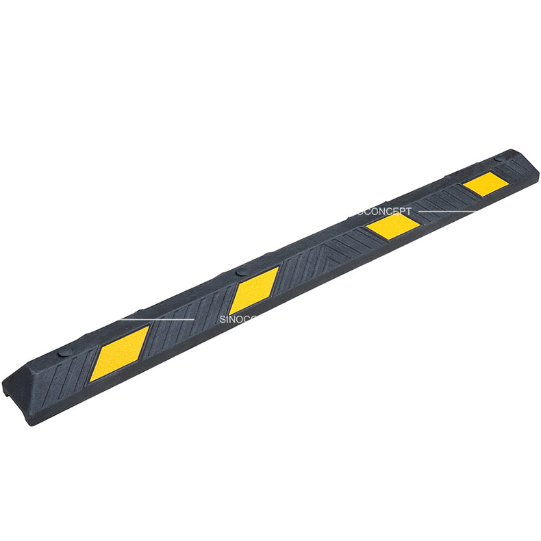 A 1830mm long parking curb made of plastic-rubber composite with yellow reflective films.