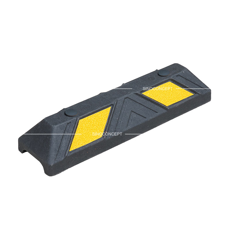 A 550mm wheel stop made of plastic-rubber composite with yellow reflective films for parking management.