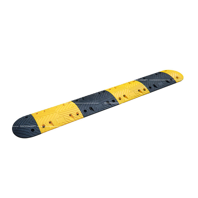 Black and yellow speed bump of 5cm height made of Plastic-Rubber material for traffic-calming purposes.
