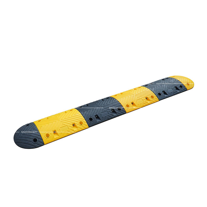 Black and yellow traffic speed bump of 7cm height made of Plastic-Rubber material for traffic-calming purposes.