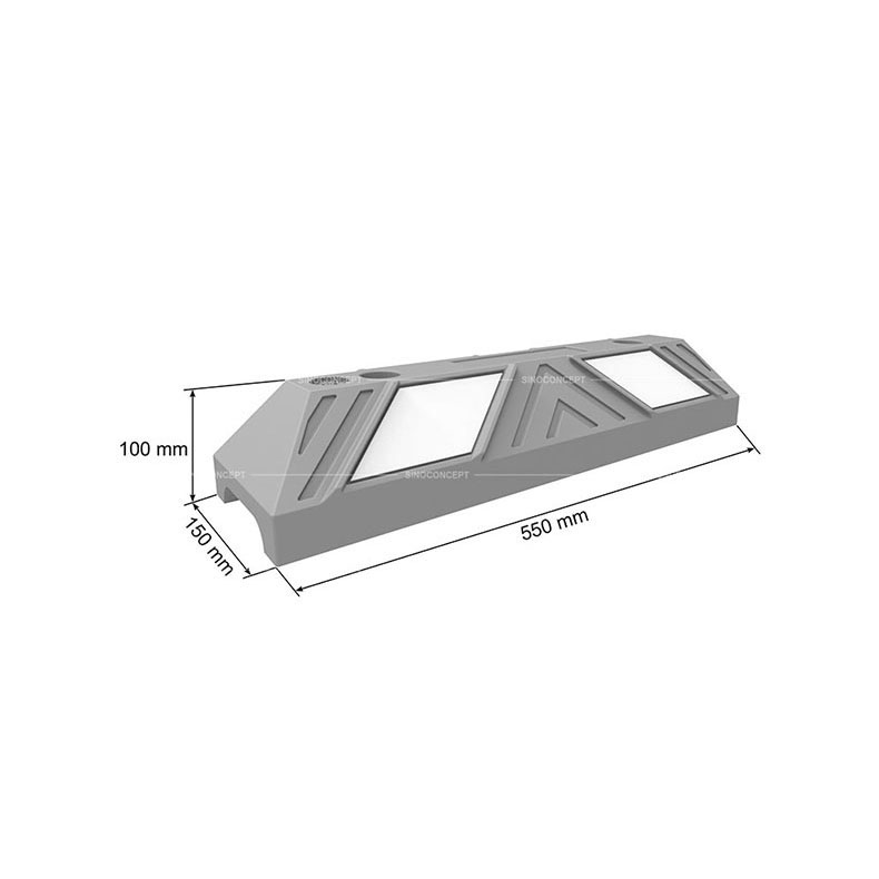 Drawing of a 550mm wheel stop with white reflective films showing dimensions including the length, width and height.